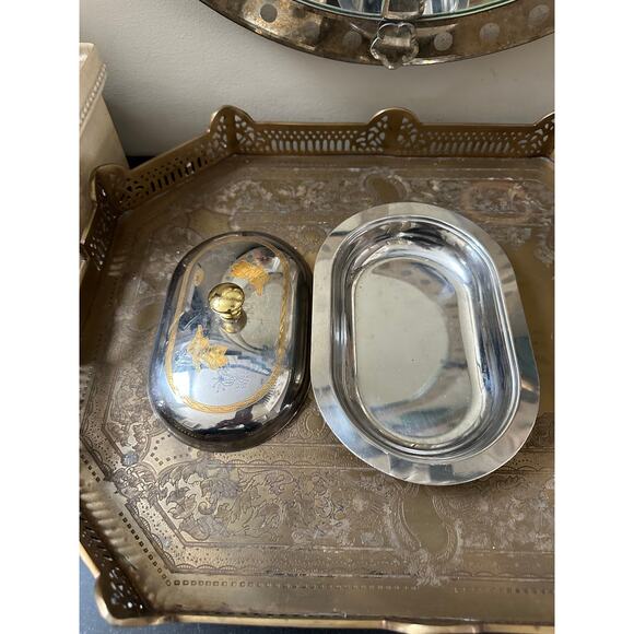 MCM Stainless Steel Lidded Butter Dish caviar cake tray set gold floral fasix - Picture 8 of 16